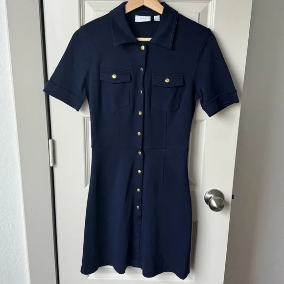 New York & Company Navy Blue Gold Button Snap Font Collared Mini Dress Size XS - Picture 1 of 6